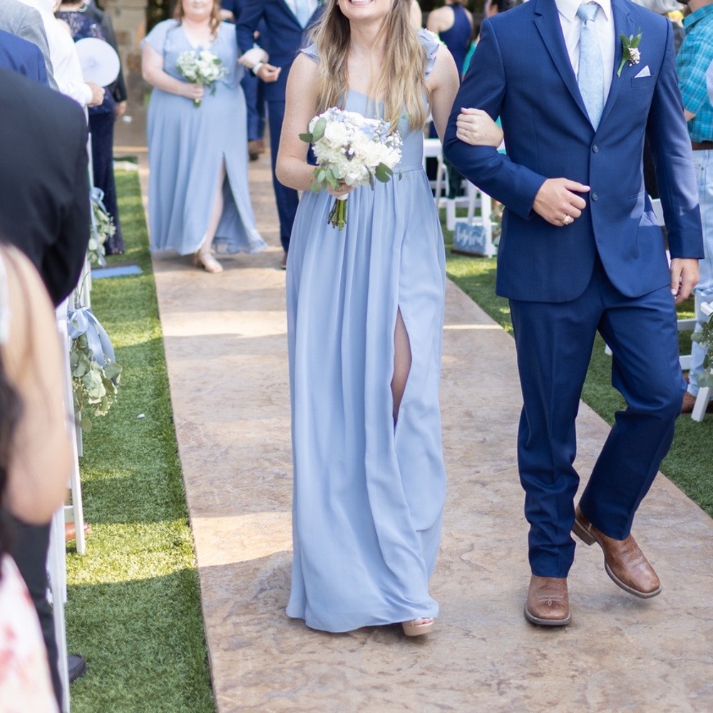 DUSTY BLUE AZAZIE METZ BRIDESMAID DRESS.